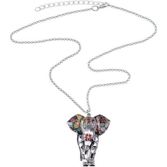 Women's Gray Jungle Safari Wild Enamel Pendant Lightweight Elephant Necklace - Picture 5 of 6